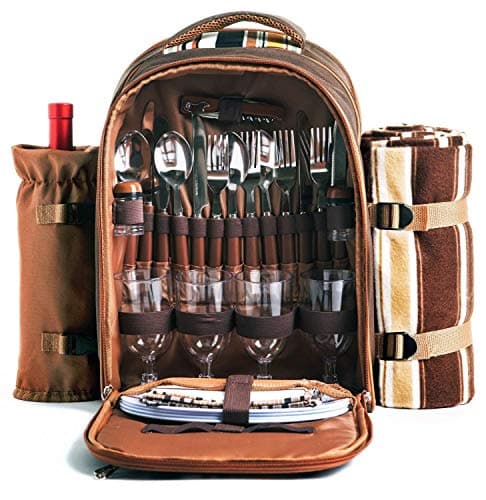Image of Hap Tim luxury 4 Person Picnic Backpack Picnic Rucksack Bag Hamper with Insulated Cooler Compartment includes Tableware & Fleece Blanket(EU3065)