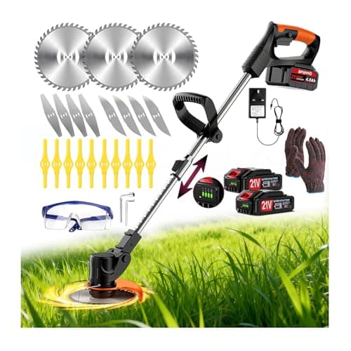 Image of Strimmer Cordless Telescopic Brush Cutter with 2 × 21V Lithium Battery Fast Charger and Four Kinds Spare Blades Metal Blade Cordless Strimmer for Garden Clearing Weeds(Black)