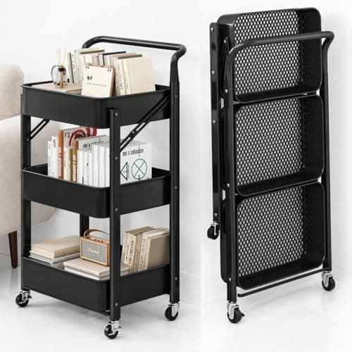 Image of 3-Tier Trolley on Wheels, Space-Saving Kitchen Trolley Foldable Cart with Metal Frame & Handle, Storage Trolley for Small Spaces, Vegetable Rack for Kitchen, Bathroom, Living Room & Studio, Black