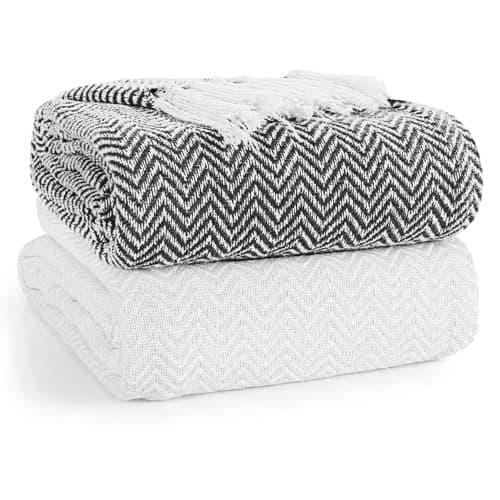 Image of EHC PAIR Pack Chevron Cotton Throws for Sofa, Chair Blanket 127 x 152cm (Pack of 2) - Ivory/Black