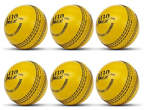 Image of ONEX Cricket Balls Leather 5.5oz Senior | Hand-Stitched Hard Ball for Practice, Nets & Coaching | Match-Quality Swing, Seam & Bowling Training | Ideal for Club, School & Academy UK (4, YELLOW)
