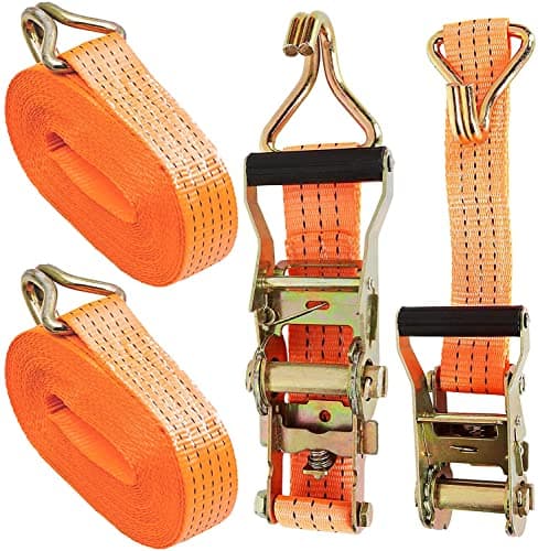 Image of AHUNTTER 2 Sets Ratchet Tie Down Straps 5cm x 6m, 11000lb Break Strength, Heavy Duty Lashing Strap, Securing Straps with Handle and Metal J Hook for Trucks, Cars, Motorcycles – Orange