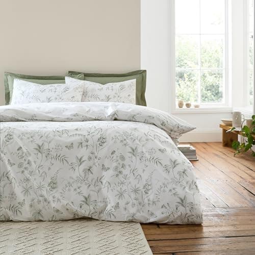 Image of Bianca Thea Floral 200 Thread Count Cotton Reversible Double Duvet Cover Set with Pillowcases Green