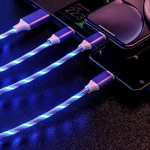 Image of Aiivioll 3-in-1 Flowing LED Charging Cable - Fast USB Charger Cord for iPhone, Samsung, Android Phones, Tablets - Compatible with Micro USB/Type-C/Lightning (Blue, 2m)