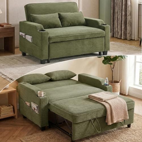 Image of Karl home 2 Seater Sofa Bed, 3-in-1 Convertible Pull Out Sleeper Sofa Couch with Adjustable Backrest, USB & Type-C Ports, Cup Holders, Side Pockets, for Living Room, Guest Room (Green)