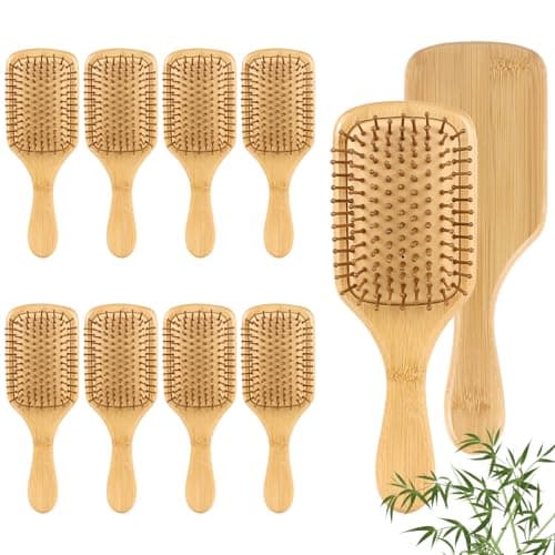 Image of 10 Pcs Bamboo Hair Brushes Bulk, Natural Bamboo Bristles Hair Brush, Large Wooden Paddle Hairbrush for Massaging Scalp Women Men, Round-tipped (24.5 x 8.5cm)
