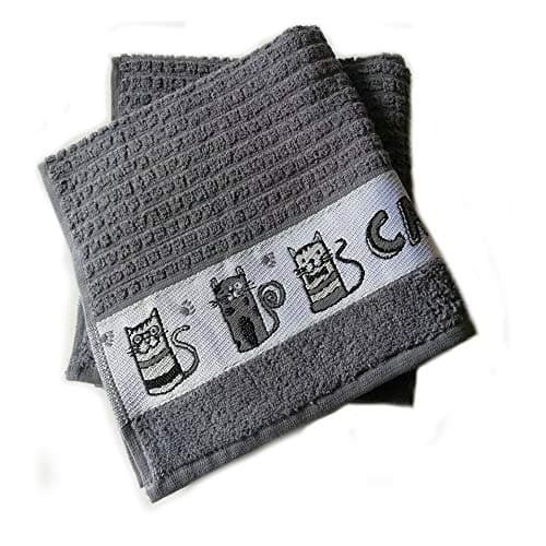 Image of Sue Rossi Ltd 100% Cotton Tea Towels Waffle Embroidered Animal Cooks Cloth Luxury 3 Pack Kitchen Towel Set (Grey Cat)