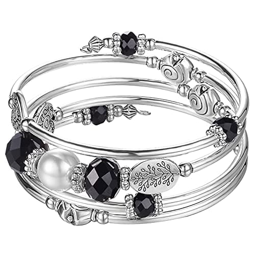 Image of BULINLIN Crystal Beads Layered Bangle Bracelet, Silver Plated Metal Wrap Bracelet with Pearl, Jewellery Gifts for Women Ladies Friends（92-Black）