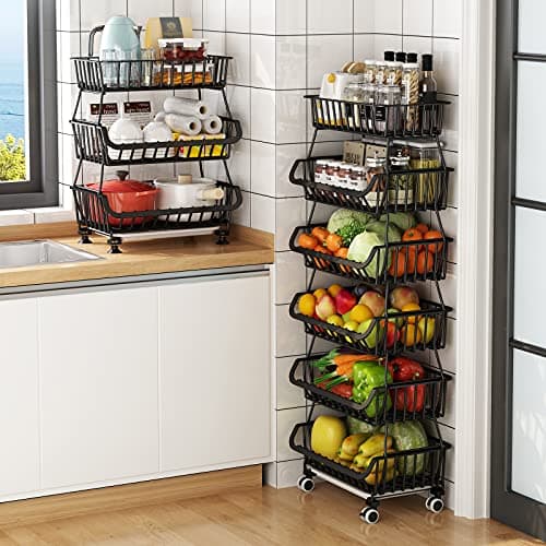 Image of KOLENSA Metal Wire Baskets with Wheels, Stackable Storage Bins Kitchen Organizer Shelf 3-4-5-6 Tier Fruit Vegetable Cart Dishes Seasonal Rack Shelves for Garage, Pantry, Bathroom