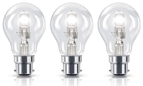 Image of 3 Pack 42W =(60W Eqv) Eco Classic B22 B22D Bayonet Cap Traditional Bulbs, 100% Dimmable, 630 Lumen, 2700K Warm White, AC 230V, A19, Instant On, No Flicker, GLS Round, for Lamps, Wall Lights, Pendants