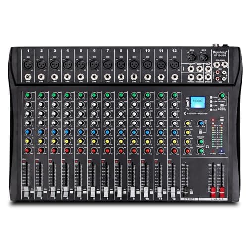 Image of Depusheng DT12 Studio Audio Mixer 12-Channel DJ Sound Controller Interface w/USB Drive for Computer Recording Input, XLR Microphone Jack, 48V Power, RCA Input/Output for Professional and Beginners