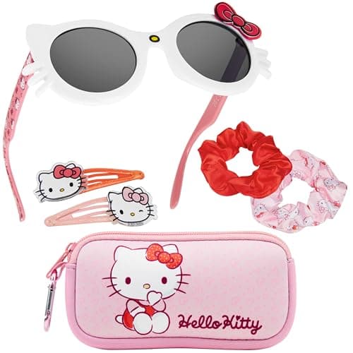 Image of Get Trend Hello Kitty Sunglasses Hair Accessories Set Girls Kawaii Clips Scrunchie Carry Case 100% UV Protection Sunglasses Travel Holidays Anime Gifts (Pink Hello Kitty)
