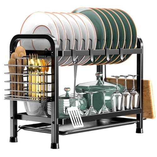 Image of Averrex 2 Tier Dish Drainer Rack with Drip Tray, Dish Drying Rack with Utensils Holder, Durable Stainless Steel Dish Rack for Kitchen Counter, Black