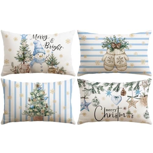 Image of Sungeek Christmas Cushion Covers 30x50 cm Set of 4, Xmas Trees Merry & Bright Snowman Gloves Blue Striped Decorative Pillow Covers Winter Holiday Throw Pillow Cases for Sofa Couch Bedroom Living Room
