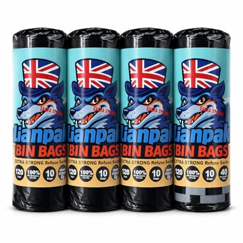 Image of Lianpak 120L Heavy Duty Drawstring Bin Bags – 40 Micron Extra Strong Refuse Sacks, Made from 100% UK Recycled Plastic, Tear & Leak Resistant Large Black Rubbish Bags 4 Rolls (Total 40 Bags)