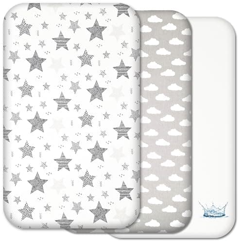 Image of Next to Me Crib Sheets - 3pc Crib Fitted Sheet Set - 2 Fitted Cotton Sheets and 1 Waterproof Mattress Protector for Bedside Cribs - 100% Organic Cotton - Made in Europe (Grey Stars&Clouds, 83x50cm)