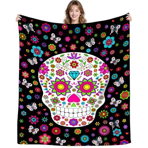Image of DUNTNKS Unique Skull Blanket Gifts for Women Men Girls Boys All Seasons Soft Flower Skull Plush Throws Blanket for Couch Sofa Bed Office Christmas Halloween Brithday Best Gifts 50"X40"INCH