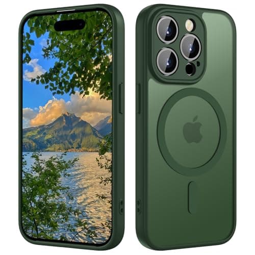 Image of ORDA Magnetic for iPhone 15 Pro Max Case, Fit for MagSafe, [Full Camera Protection], [Shockproof] Slim Translucent Matte,Military-Grade Protection,Fingerprint Resistant -6.7" Dark Green