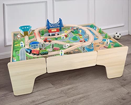 Image of Hooga Wooden Children's Play Table, Custom Train Tabletop with Wooden Track and 80 Piece Toy Set, 2 in 1 Multi Usage Kids Activity Set