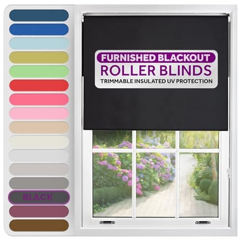 Image of FURNISHED Roller Blinds Thermal Blackout Roller Blind - Trimmable Insulated UV Protection Child Safe Easy Fit Home Office Window Blinds, Black, 100 cm Wide x 165 cm Long