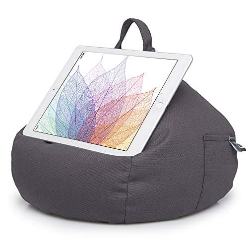 Image of iBeani iPad and Tablet Cushion Stand - Bean Bag Holder For All Devices - Securely Holds at Any Angle on Any Surface - Handy Side Pocket - Range of Designs - Grey