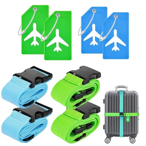 Image of 4Pcs Luggage Straps, 5cm x 180cm Non-Slip Travel Accessories Case Straps for Women Men, Adjustable Suitcase Belt with Silicone Name ID Card & Quick Release Buckle Closure (Blue+Green)