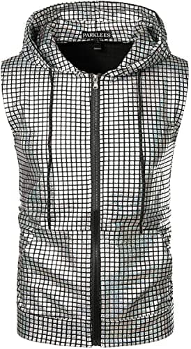 Image of PARKLEES Mens Hipster Metallic Sequins Zip Up Sleeveless Hooded Vest T Shirt with Kangaroo Pocket Silver L