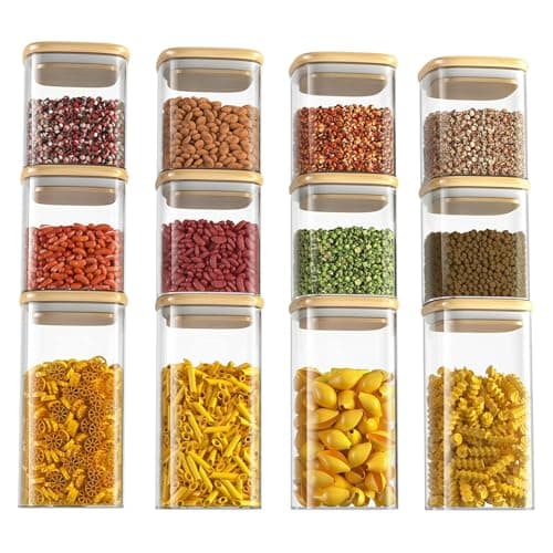 Image of Neo Set of 12 Square Glass Storage Jars with Bamboo Lids Airtight Glass Canisters with 2 Size 600ml 1000ml Large Kitchen Food Storage Jars for Kitchen Cabinet Dishwasher Safe (8.8L)