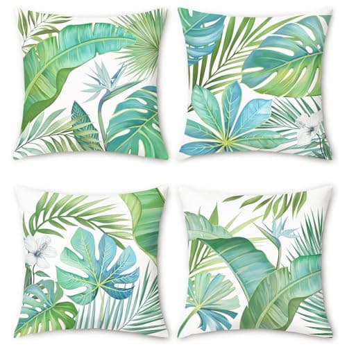 Image of COZZSNUGE Tropical Leaves Cushion Covers Green Palm Leaf Monstera Outdoor Plant Velvet Decorative Pillowcases for Garden Sofa Bed Home Patio 45 x 45 cm Set of 4