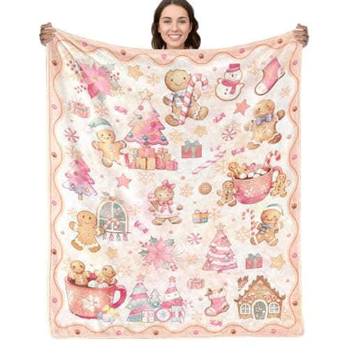 Image of Shaeotek Christmas Blanket Flannel, Gingerbread Man Candy Soft Cozy Throw Blanket, 50x60 Inch Cartoon Pink Decoration for Sofa Bed