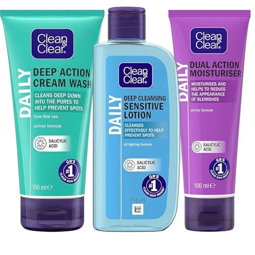 Image of Clean & Clear Daily Skincare Bundle | Deep Action Cream Wash (150ml), Deep Cleansing Sensitive Lotion (200ml), & Dual Action Moisturiser (100ml) | Oil-Free with Salicylic Acid | Fights Spots & Blemish