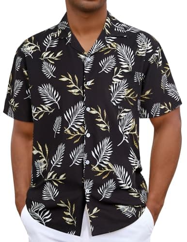 Image of iCKER Hawaiian Shirt Beach Mens Short Sleeve Floral Classic Shirt Print Casual Regular Fit,Black TF196,L