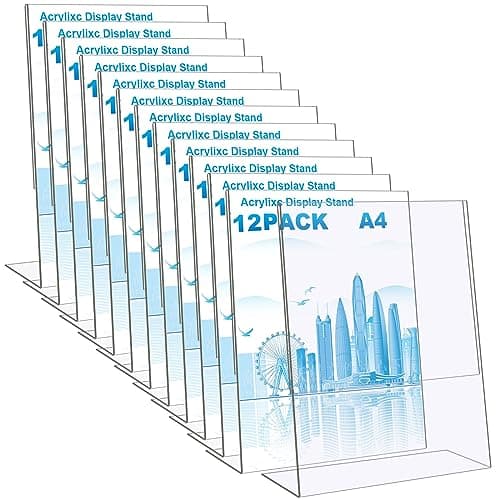 Image of AKOLAFE 12 Pack A4 Acrylic Sign Holder A4 Plastic Display Stand Perspex Display Stands Leaflet Holder Acrylic Stand Up Display Stand Menu Holder for Tables,Restaurant, Store, Hotel and More