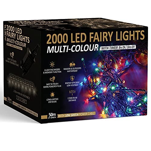 Image of NETTA Christmas Tree Lights 2000 LED 50m Multi-Colour - 2.5cm Bulb Distance Fairy String Lights Plug in with Timer and Memory Functions - Suitable for Outdoor/Indoor Use