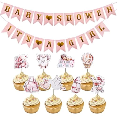 Image of Qaziuy Baby Girl Shower Decorations: Pink Banner, Bunting, 40 Cupcake Toppers for Baby Shower Parties