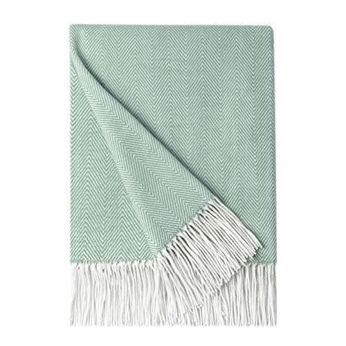 Image of BOURINA Herringbone Throw Blanket Faux Cashmere Lightweight Soft Cozy Couch Bed Chair Fringe Sofa Throw Blankets 127 x 152cm (Green, 50x60)