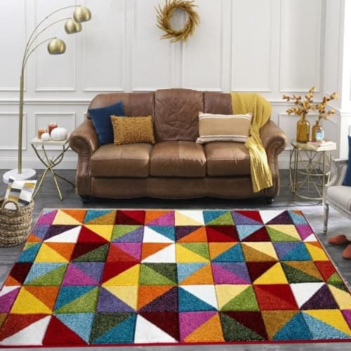 Image of Hand Carved Multi Colour large Area Rug Hallway Geometric Design Rainbow Coloured Rugs Runner Floor Mat Door Mats (Geometric Triangle, 120 x 170 cm)