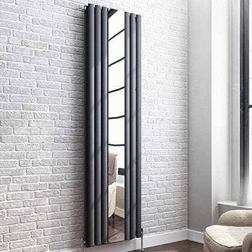 Image of iBathUK Strata Wall-Mounted Vertical Double Oval Panel Mirrored Radiator, Steel High Thermal Output Hydronic Central Heating, Mirror Centred Column Designer Radiator in Matt Anthracite, 1800 × 508mm