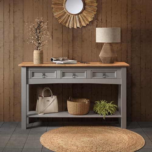 Image of Corona Solid Wood Pine Grey Painted Wax 3 Drawer Console Table Wooden Hallway Stand With Drawers Shelf Side Unit Lamp Long Lounge Living Room Kitchen Dresser 73cm High 122cm Wide 32cm Deep
