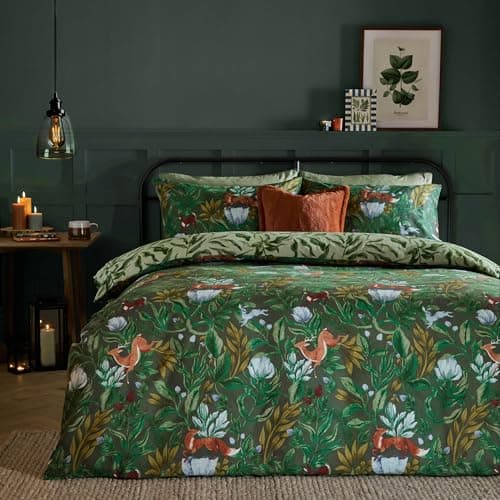 Image of furn. Into The Woods Duvet Cover Set – Reversible Woodland Animal Cotton Blend Bedding Set (Forest Green - Double)