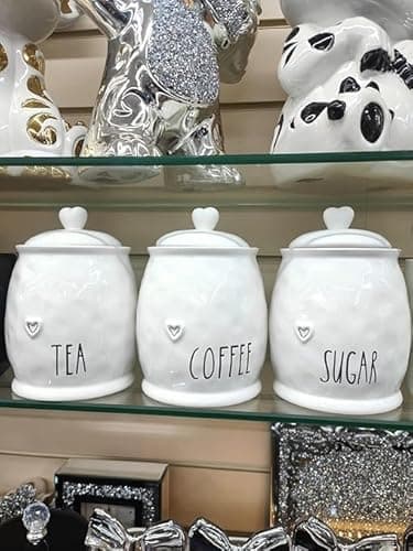 Image of Biznest Set Of 3 Ceramic Tea Coffee & Sugar White Storage Jars Shabby Chic Heart Design Lid Home Decor