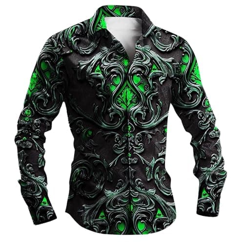 Image of Carnival Shirts for Men，Dark Gothic Themed Long Sleeve Shirt for with Intricate Festival Print (Green, L)