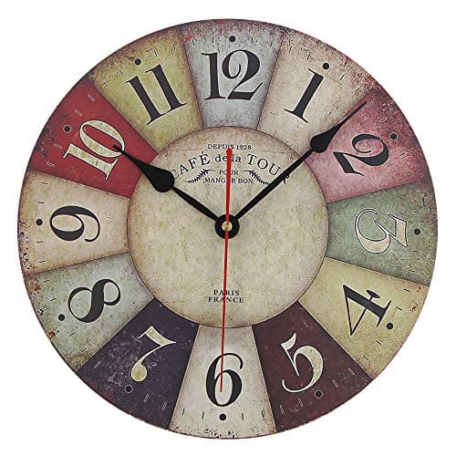 Image of Timelike MDF Wooden Wall Clock Vintage Rustic Country Round Decorative Clock Retro Style Quartz Wall Clock (12 Inch, Colorful)