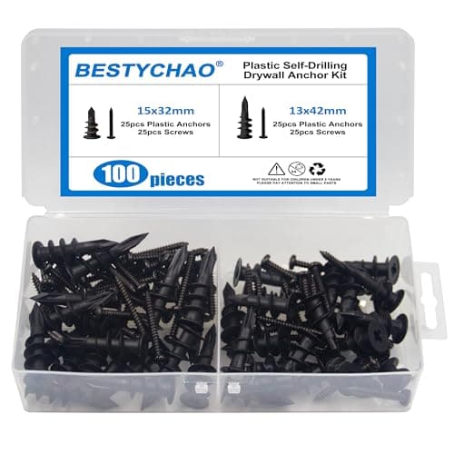 Image of BESTYCHAO 100pcs Drywall Anchors and Screws Kit, 50 Nylon Plastic Wall Anchors and 50 Screws, 2 Sizes Self Drilling Anchors Assortment Kit for Plasterboard Wall - Black