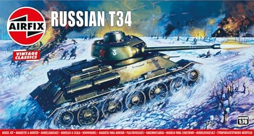 Image of Airfix - Vintage Classics Set - A01316V Russian T34 - Plastic Model Tank Kits for Adults & Children 8+, Includes 58 Pieces, Sprues & Decals - 1:76 Scale Model Tank Set