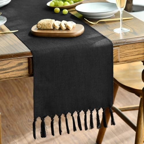 Image of Artoid Mode Black Boho Rural Rustic Farmhouse Tassel Halloween Table Runner, 33x143 cm Kitchen Dining Table Decoration Wedding Holiday Party Decor