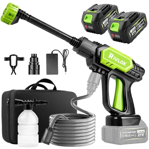 Image of Rivlox Cordless Pressure Washer, 1500 PSI Portable Power Washer with 6 in 1 Nozzle,with 2/4.0Ah Battery,5M Hose,Hose Connector,Handheld Power Washer for Car,Floor,Patio,Garden Cleaning