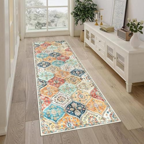 Image of LuxFocus Hallway Runner Rug 60x230 cm, Washable Vintage Rugs Bedroom, Traditional Floral Carpet Entryway, Non-Slip Low Pile Area Rugs for Kitchen, Orange