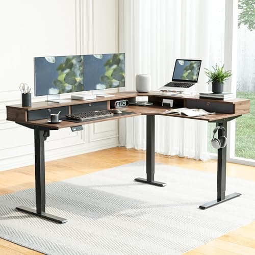 Image of FEZIBO 160 x 120 cm L Shaped Corner Stand up Electric Height Adjustbale Standing Desk with 3 Drawers, with Splice Board, Black Frame/Black Walnut Top