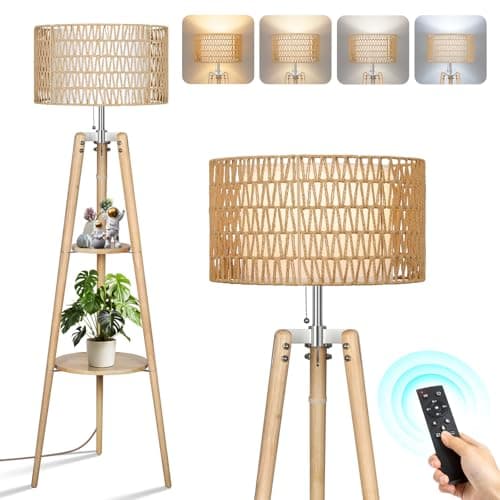 Image of OUTON Wood Tripod Floor Lamp with Rattan & Linen Double Shades, Dimmable & Adjustable Color Temperature, Farmhouse Standing Lamp with Remote, Boho Floor Lamp with Shelves for Living Room, Bedroom